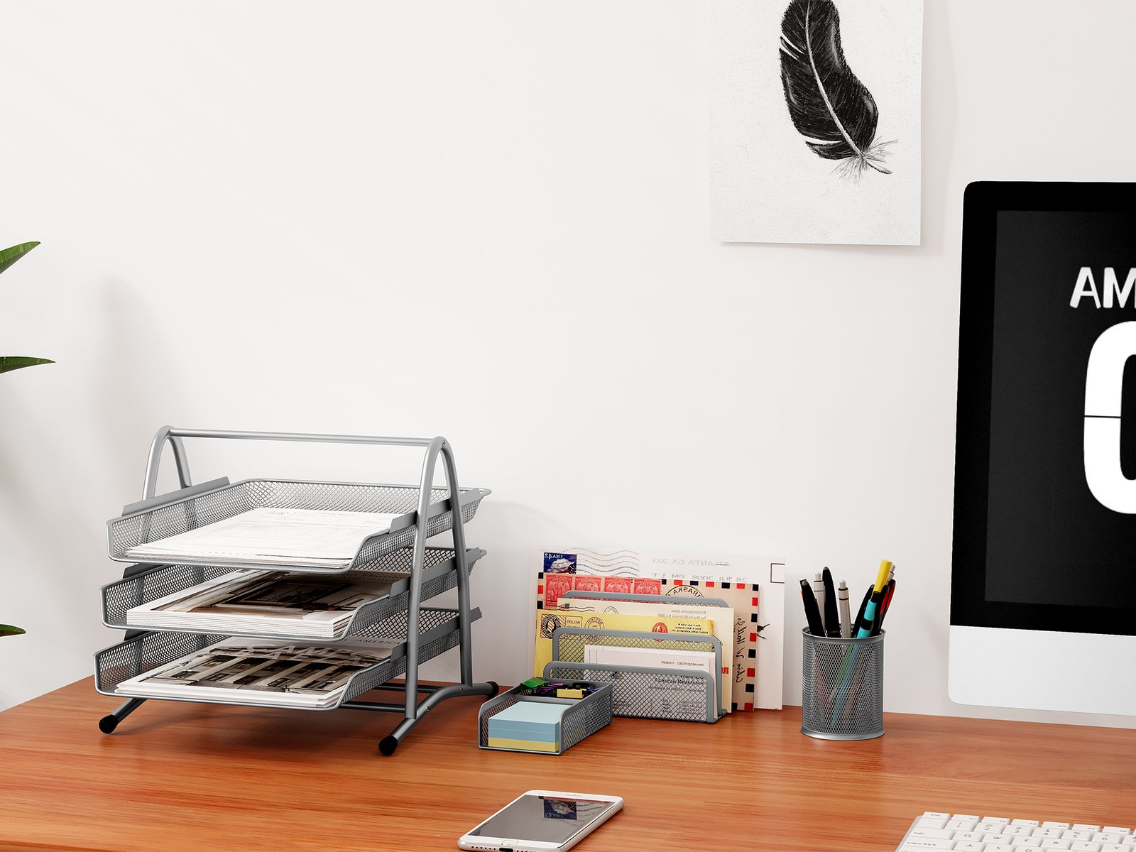 EasyPAG Office Desk Tidy 4 Piece Organiser Set - 3 Tier A4 Filing Tray,Pen Pot,Sticky Note Holder,Letter Sorter Rack,Silver - 图片 5
