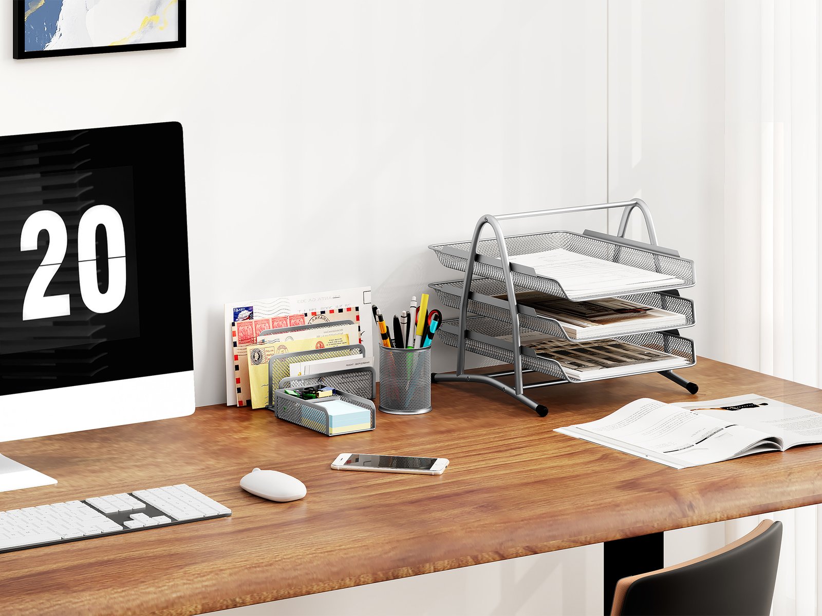 EasyPAG Office Desk Tidy 4 Piece Organiser Set - 3 Tier A4 Filing Tray,Pen Pot,Sticky Note Holder,Letter Sorter Rack,Silver - 图片 6