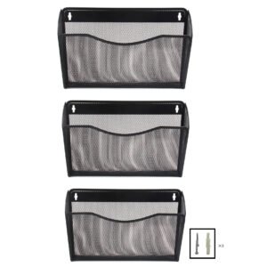 EasyPAG 3 Pocket Landscape A4 Mesh Hanging Wall File Holder Mail Organiser Magazine Storage,Pack of 3,Black