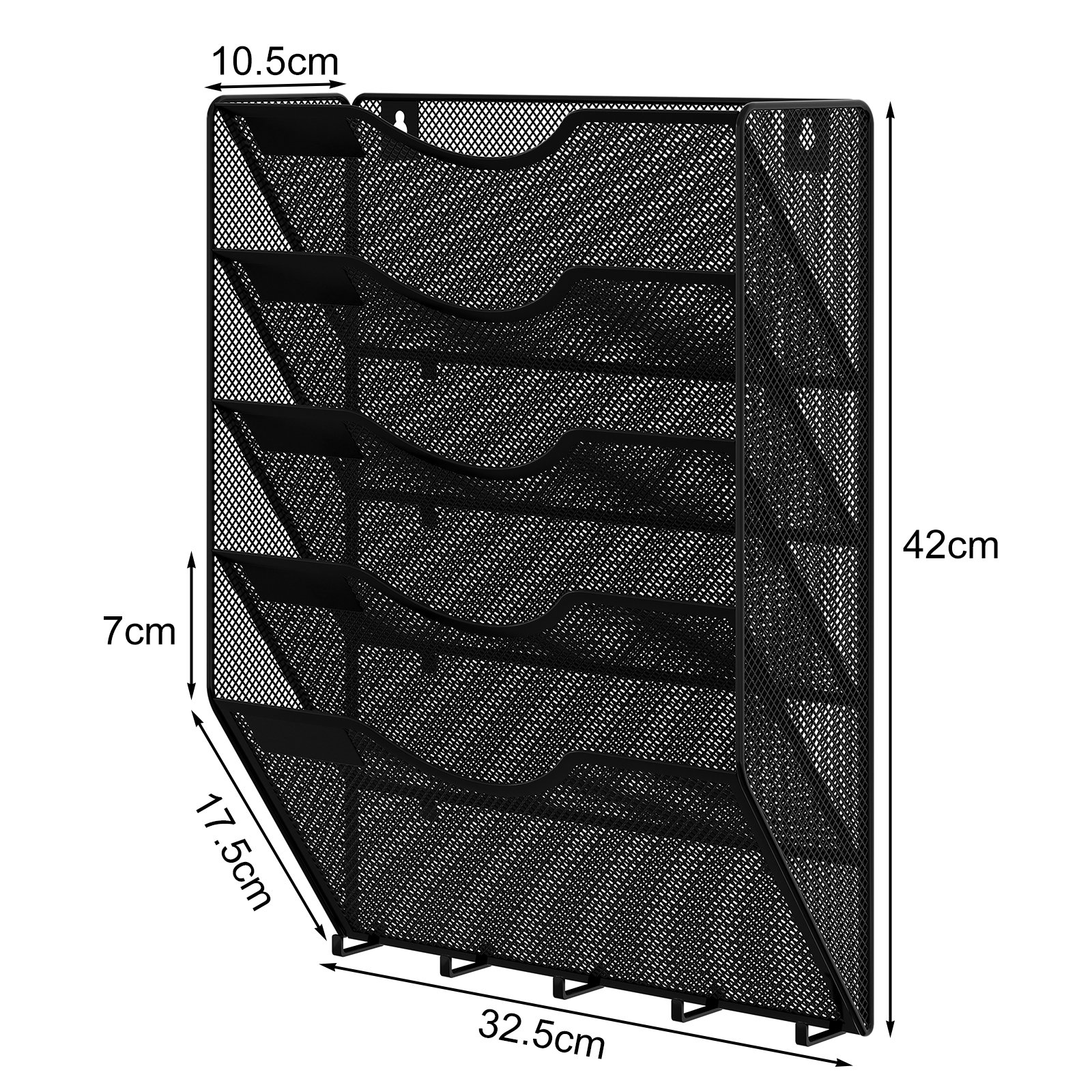 EasyPAG Metal 5 Tier A4 Wall Mounted Document Holder,Hanging Wall File Organiser,Pigeon Holes Storage,Filing Tray,Wall Pocket,Magazine Rack with 5 Hooks for Office & Home,Black - 图片 3