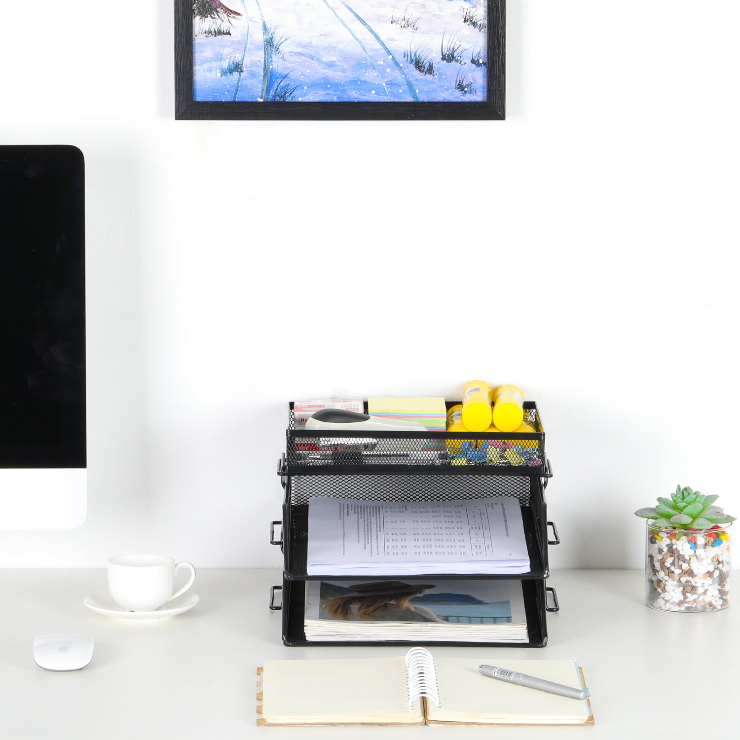 EasyPAG 2 Tier A4 Mesh in Trays Stackable Office Desk Tidy File Holder Magazine Storage Paper Document Letter Organiser with Top Stationery Holder,Black - 图片 4