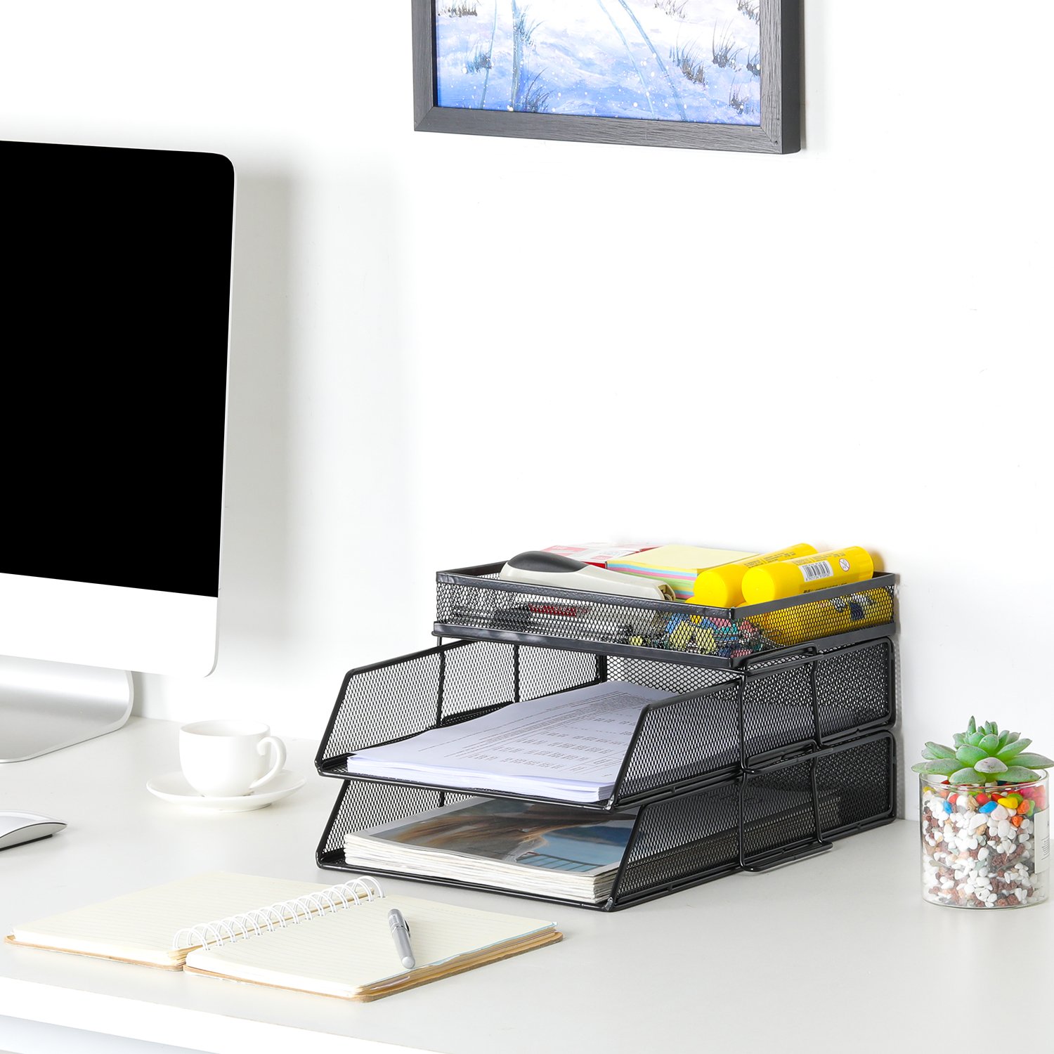 EasyPAG 2 Tier A4 Mesh in Trays Stackable Office Desk Tidy File Holder Magazine Storage Paper Document Letter Organiser with Top Stationery Holder,Black - 图片 5
