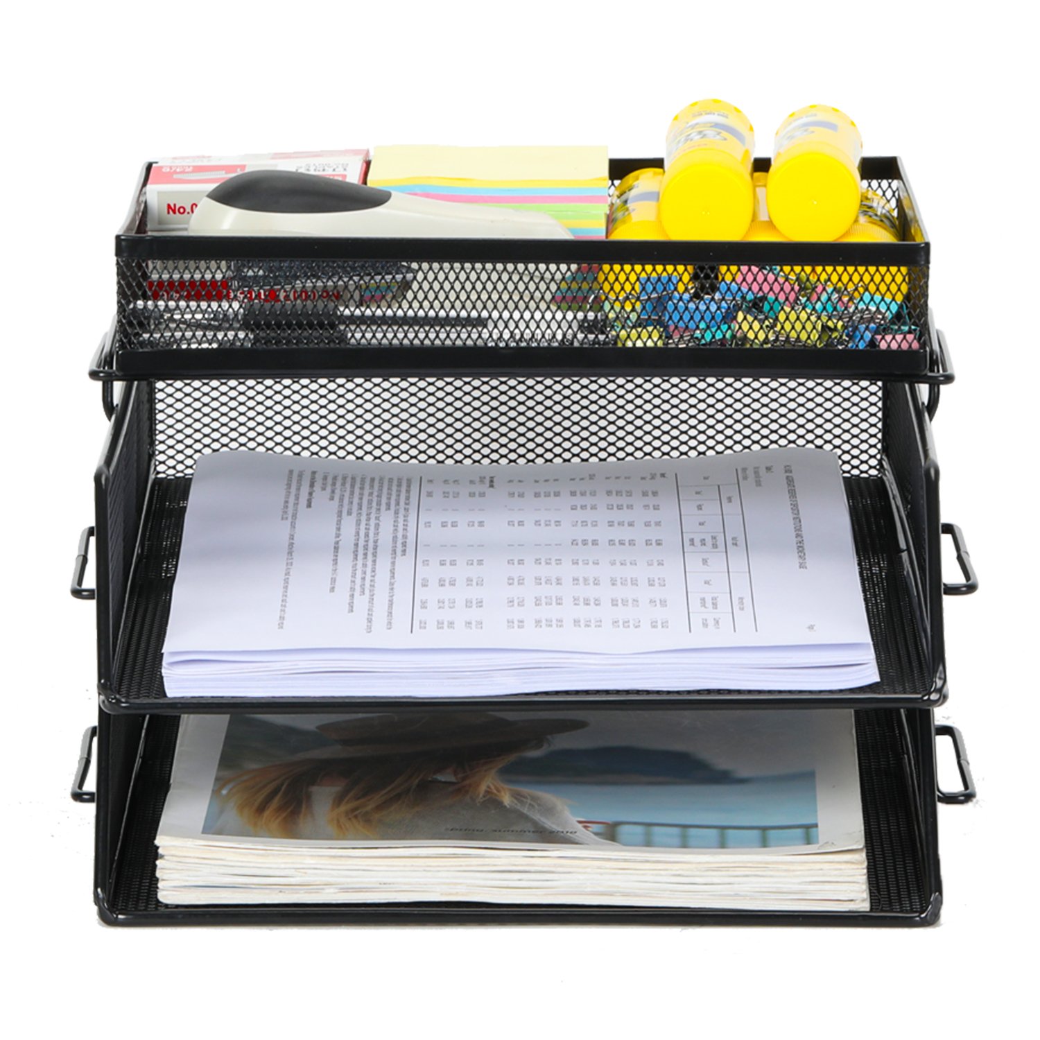 EasyPAG 2 Tier A4 Mesh in Trays Stackable Office Desk Tidy File Holder Magazine Storage Paper Document Letter Organiser with Top Stationery Holder,Black - 图片 3