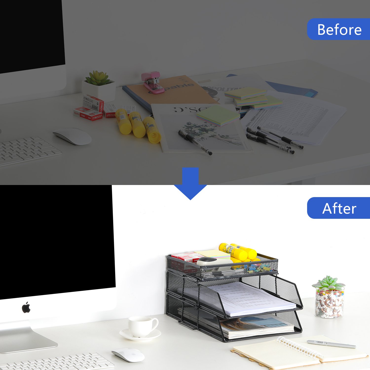 EasyPAG 2 Tier A4 Mesh in Trays Stackable Office Desk Tidy File Holder Magazine Storage Paper Document Letter Organiser with Top Stationery Holder,Black - 图片 6