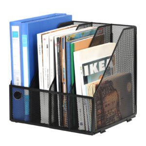 EasyPAG Desktop Metal A4 Magazine File Holder Mesh Desk Tidy Office Literature Document Ring Binder Paper Organiser Filing Rack,4 Compartments,Black