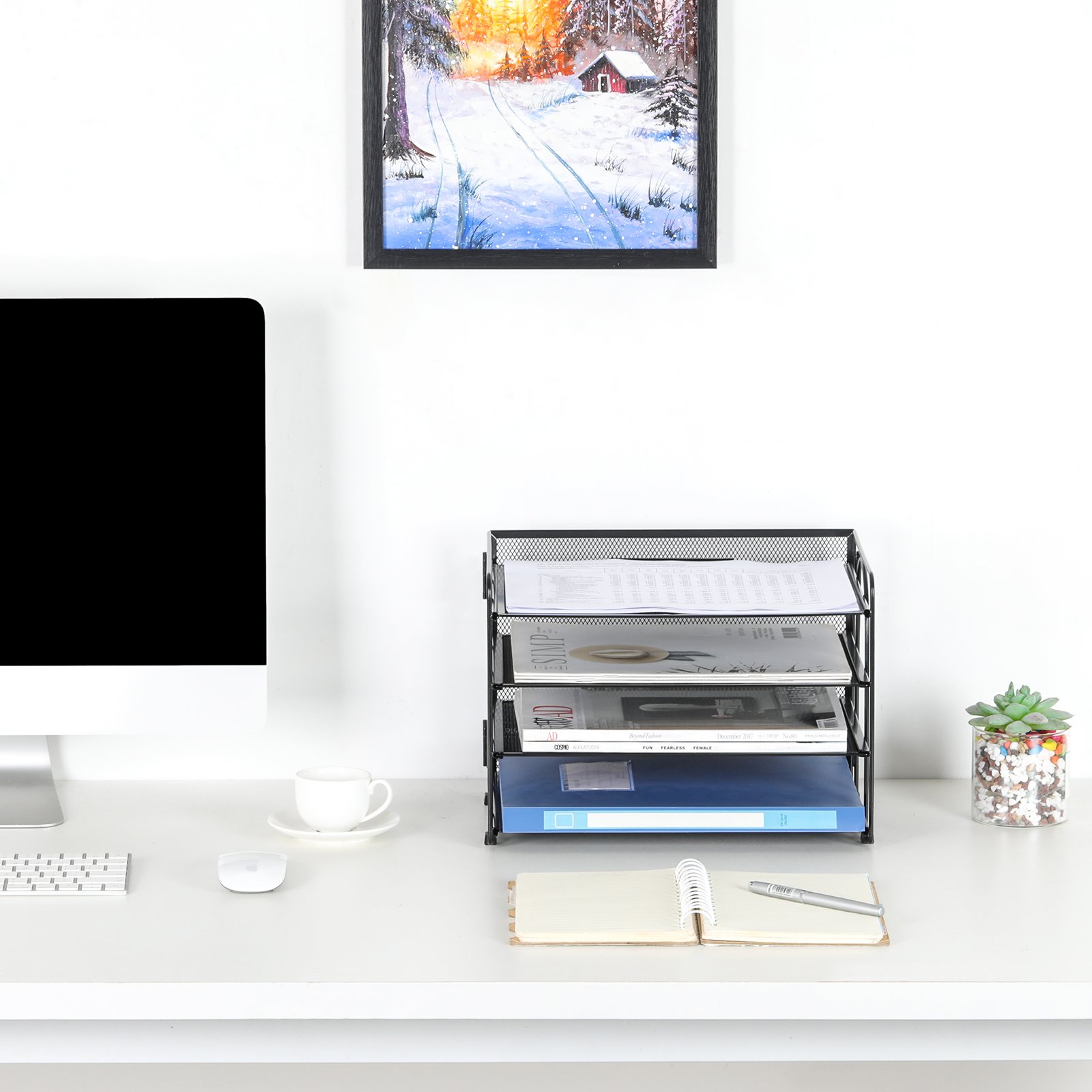 EasyPAG 4 Tier Desktop A4 Mesh Filing Tray Office Desk Tidy File Holder Paper Organiser Magazine Storage Rack,Black - 图片 4