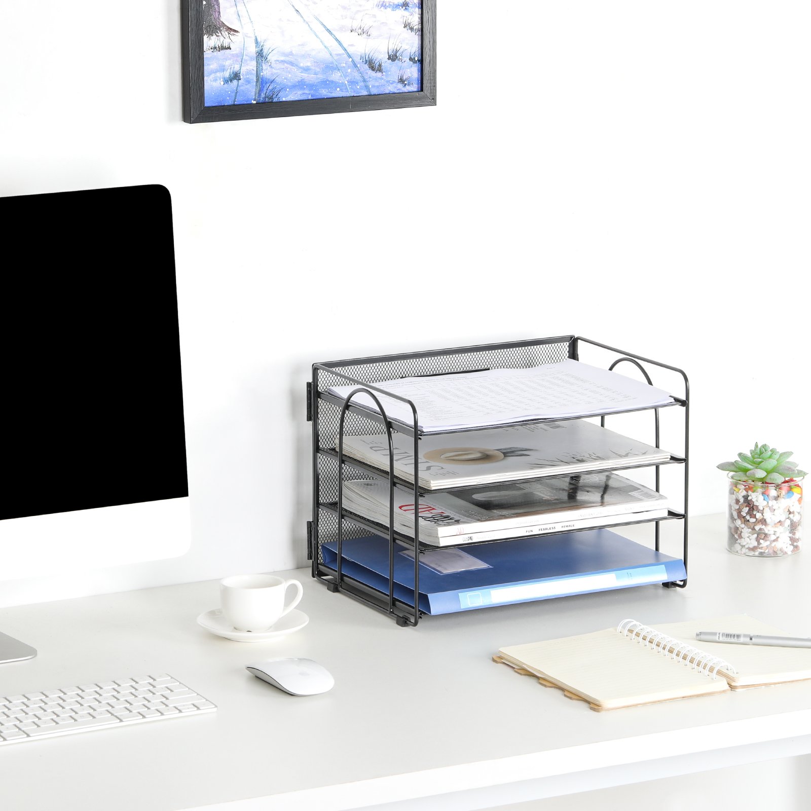 EasyPAG 4 Tier Desktop A4 Mesh Filing Tray Office Desk Tidy File Holder Paper Organiser Magazine Storage Rack,Black - 图片 5