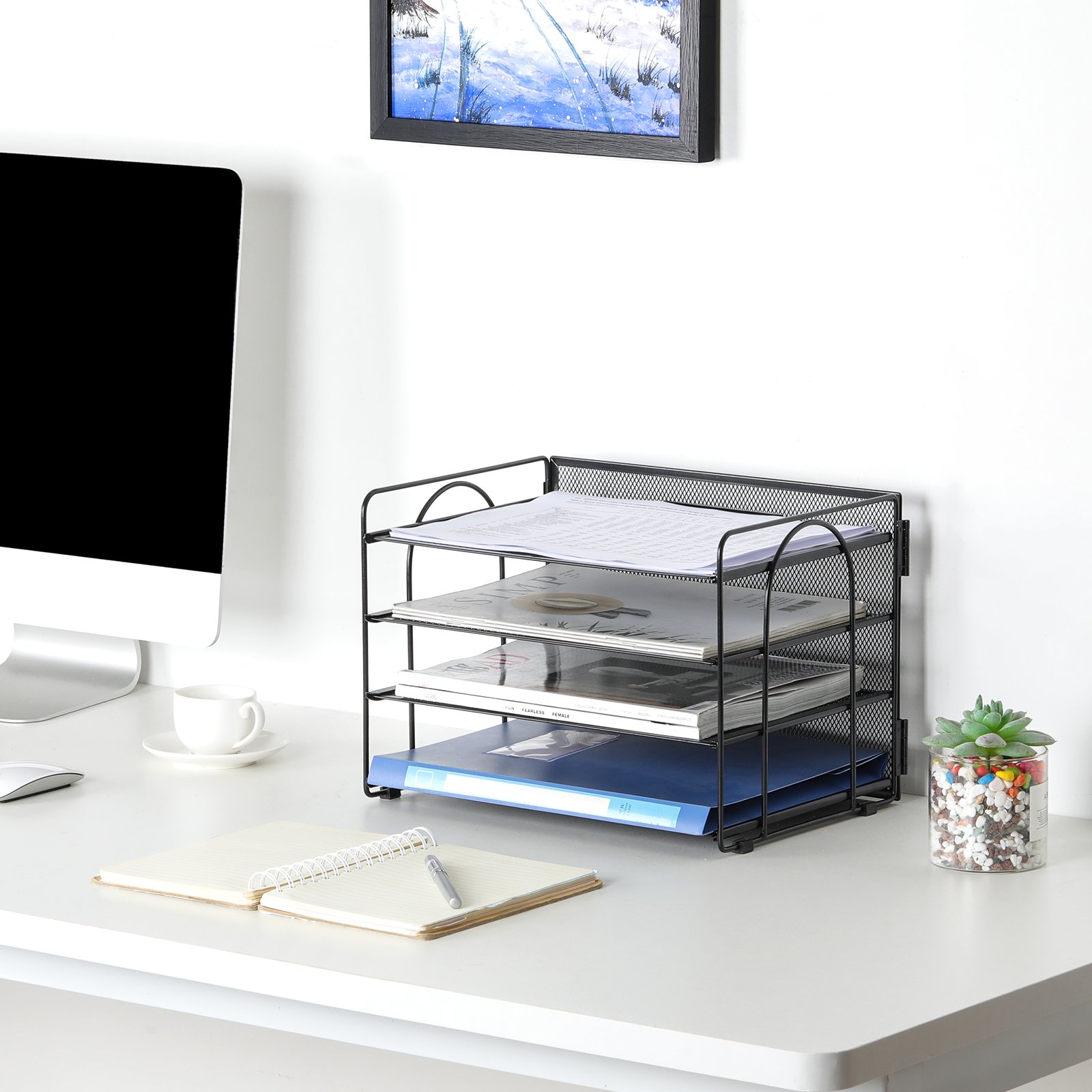 EasyPAG 4 Tier Desktop A4 Mesh Filing Tray Office Desk Tidy File Holder Paper Organiser Magazine Storage Rack,Black - 图片 6