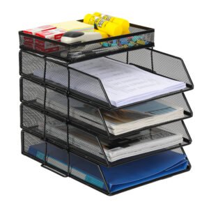 EasyPAG 4 Tier A4 Mesh in Trays Stackable Office Desk Tidy File Holder Magazine Storage Paper Document Letter Organiser with Top Stationery Holder,Black