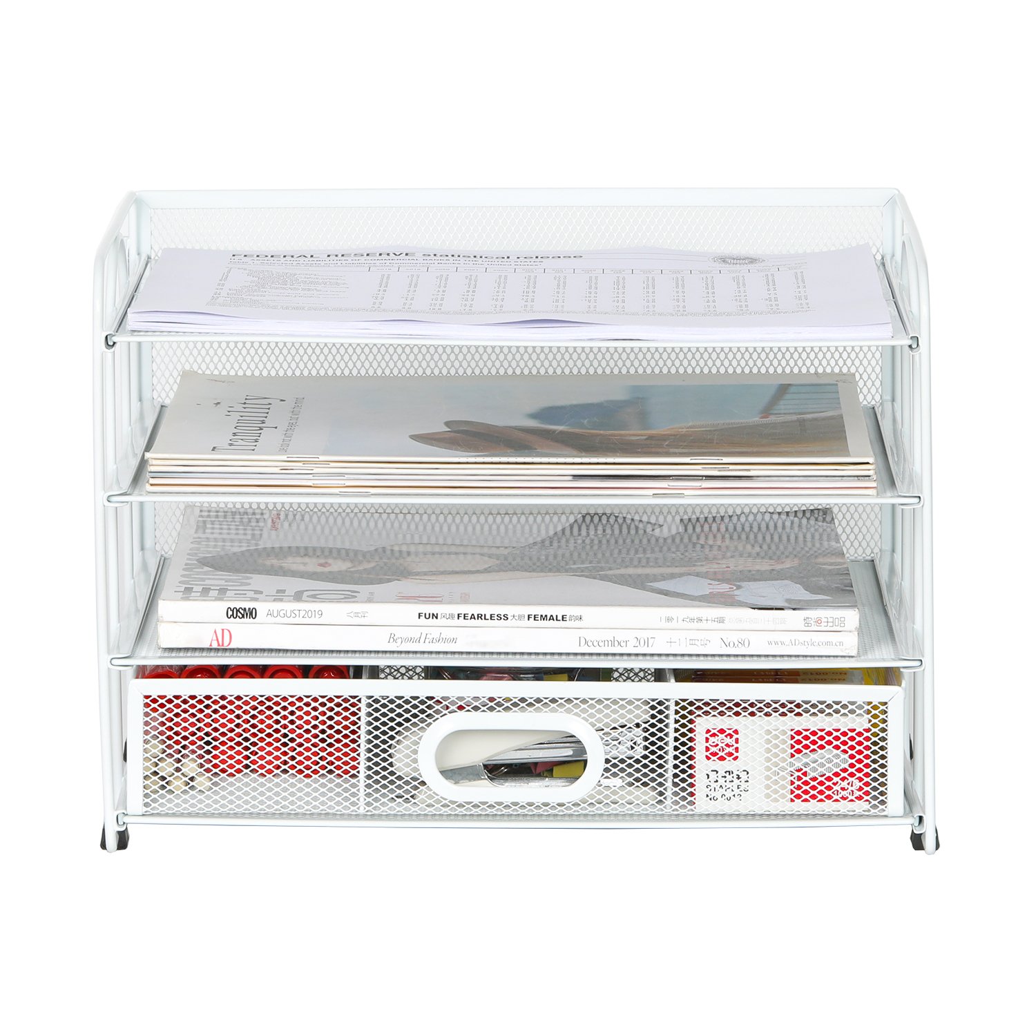 EasyPAG 4 Tier Desktop A4 Mesh Filing Tray Office Desk Tidy File Holder Paper Organiser Magazine Storage Rack with Stationery Drawer,White - 图片 3