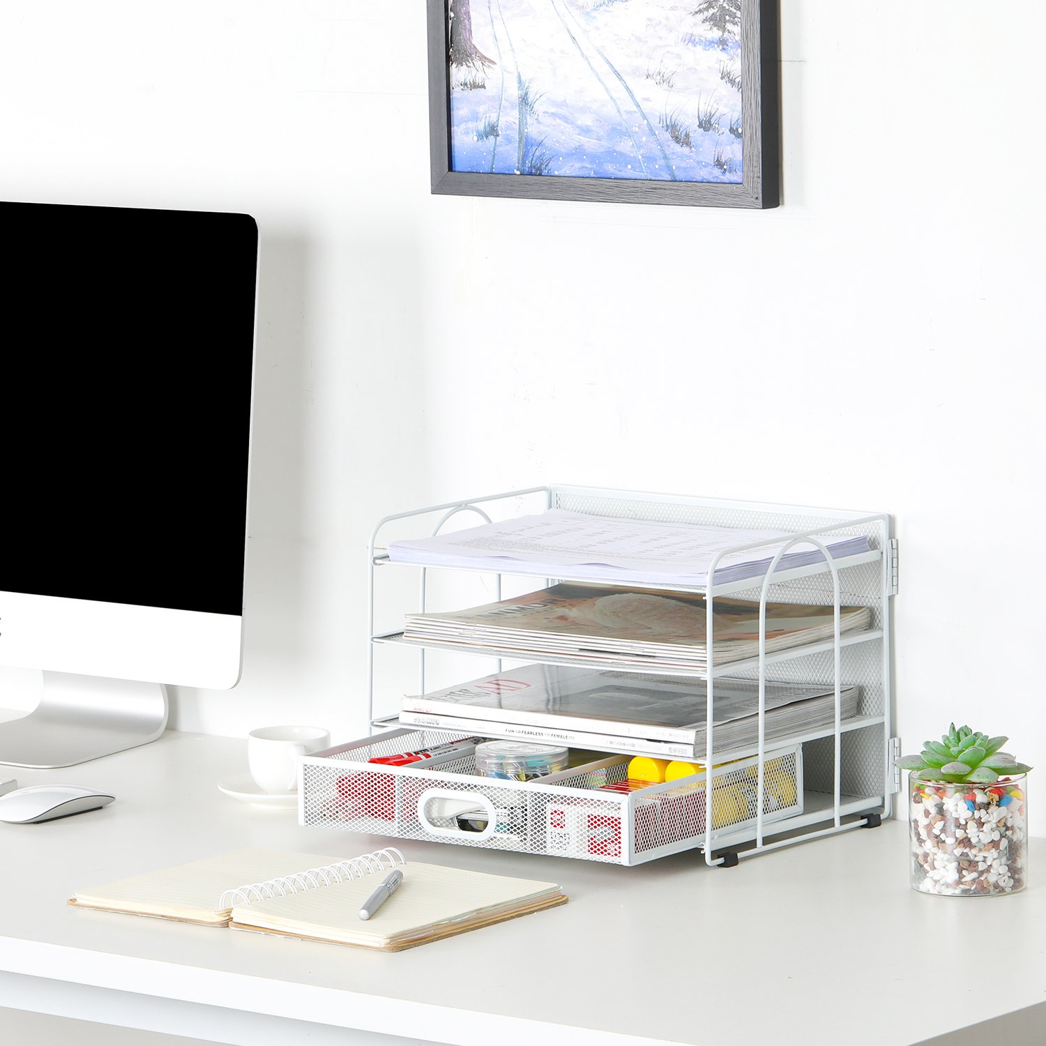 EasyPAG 4 Tier Desktop A4 Mesh Filing Tray Office Desk Tidy File Holder Paper Organiser Magazine Storage Rack with Stationery Drawer,White - 图片 7