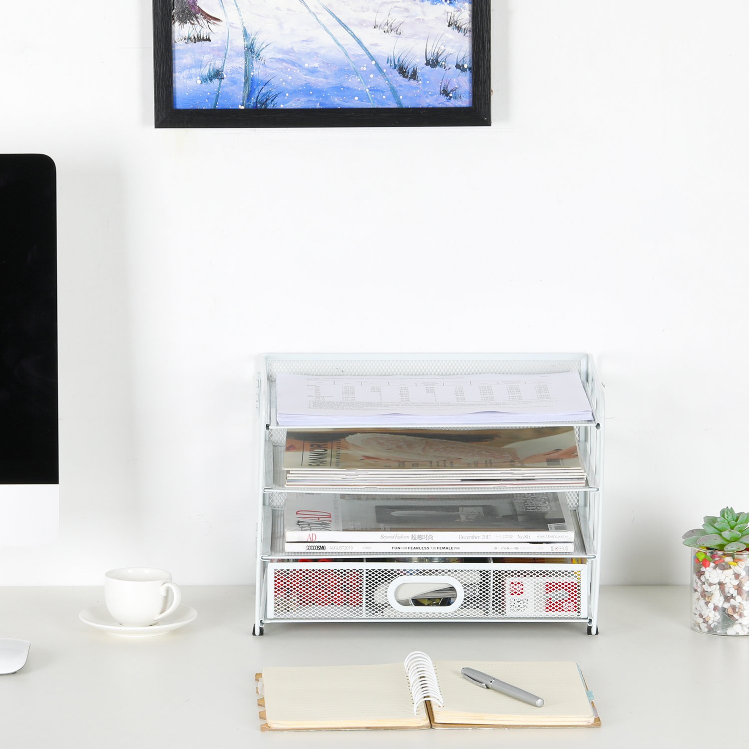EasyPAG 4 Tier Desktop A4 Mesh Filing Tray Office Desk Tidy File Holder Paper Organiser Magazine Storage Rack with Stationery Drawer,White - 图片 6