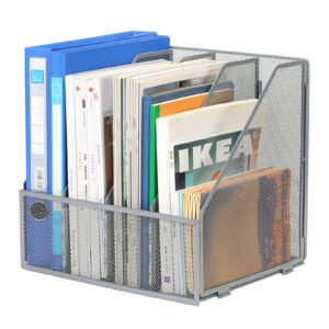 EasyPAG Desktop Metal A4 Magazine File Holder Mesh Desk Tidy Office Literature Document Ring Binder Paper Organiser Filing Rack,4 Compartments,Silver
