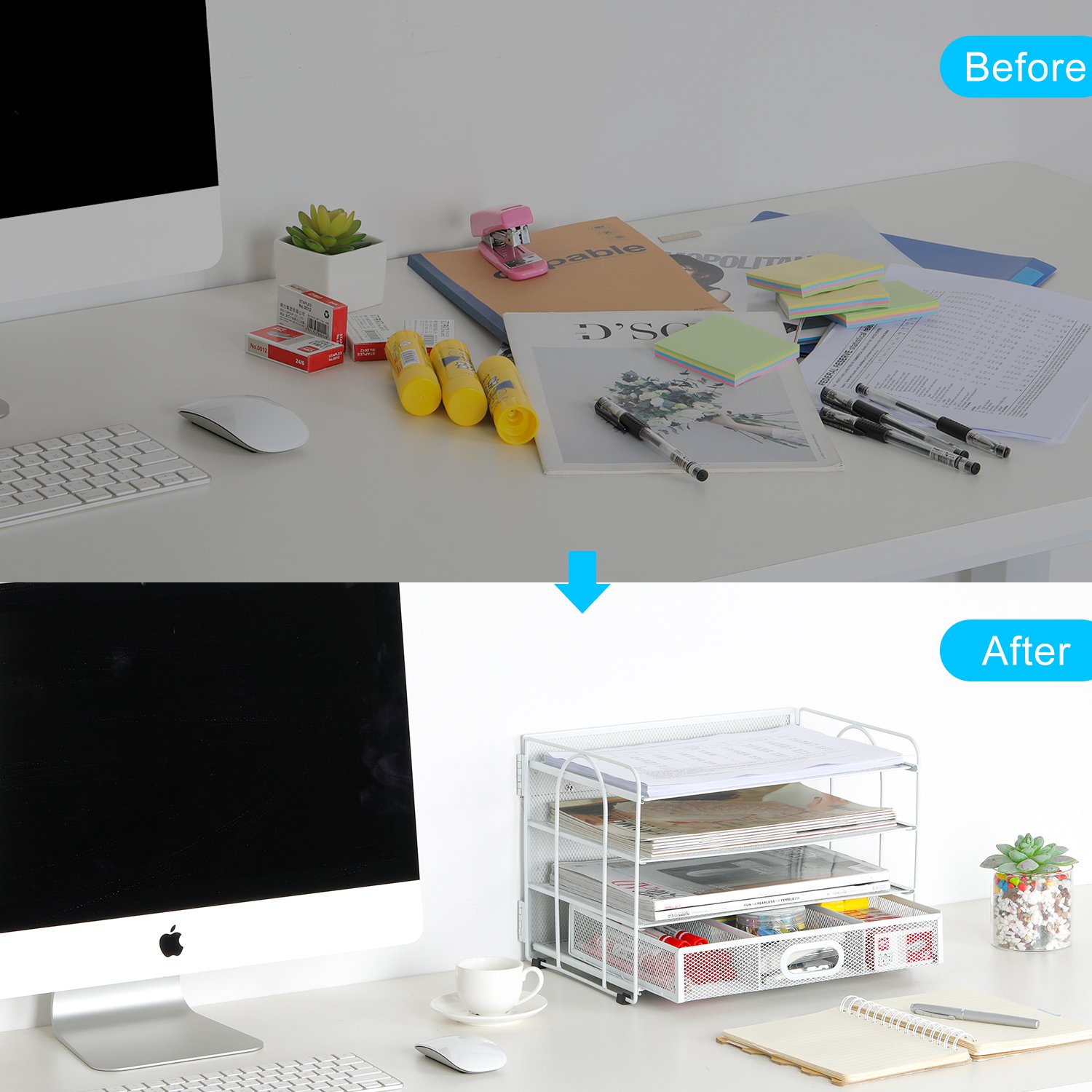 EasyPAG 4 Tier Desktop A4 Mesh Filing Tray Office Desk Tidy File Holder Paper Organiser Magazine Storage Rack with Stationery Drawer,White - 图片 5