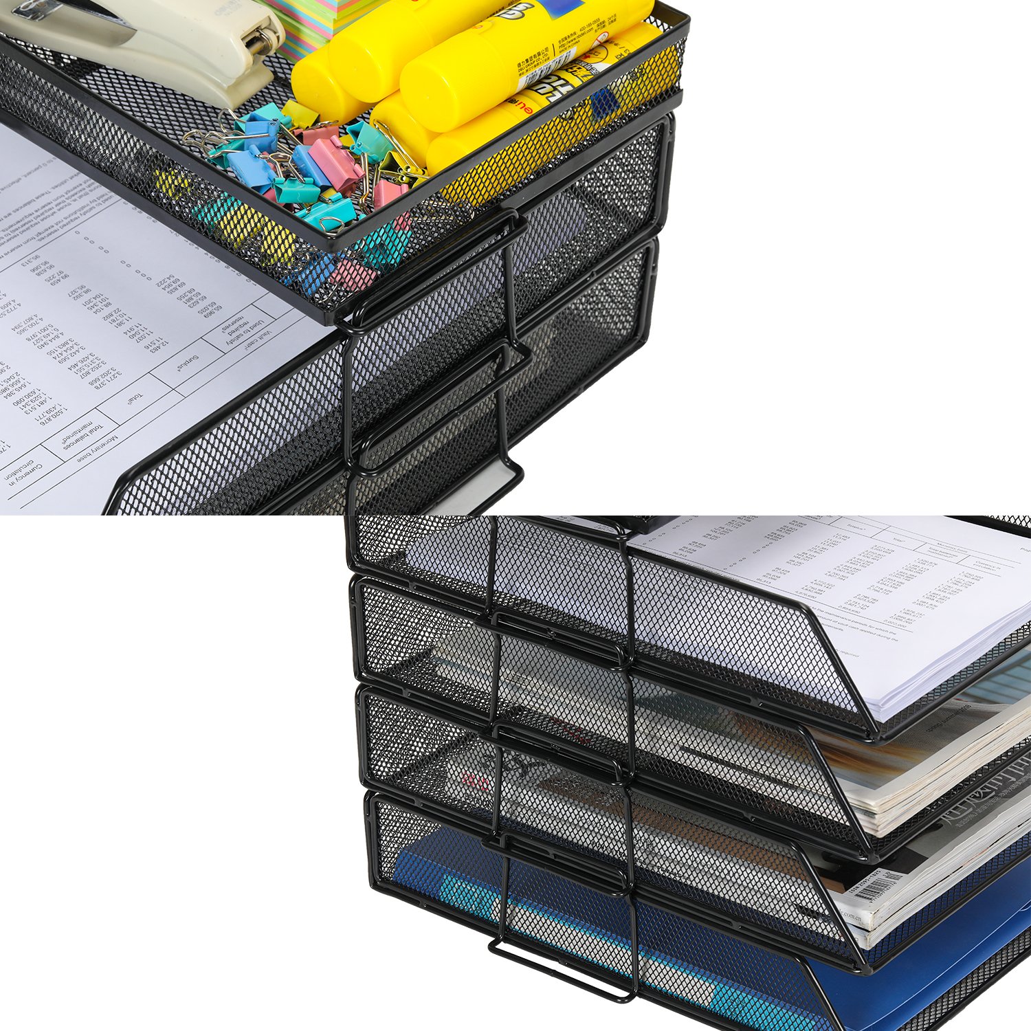 EasyPAG 2 Tier A4 Mesh in Trays Stackable Office Desk Tidy File Holder Magazine Storage Paper Document Letter Organiser with Top Stationery Holder,Black - 图片 7