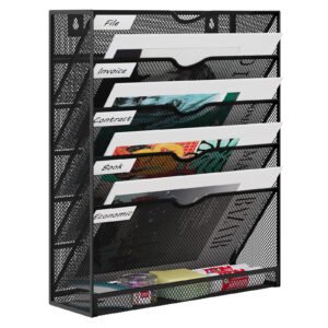 EasyPAG Metal 6 Tier A4 Wall Mounted Document Holder,Hanging Wall File Organiser,Pigeon Holes Storage,In Tray,Magazine Rack for Office & Home Upgrade,Black