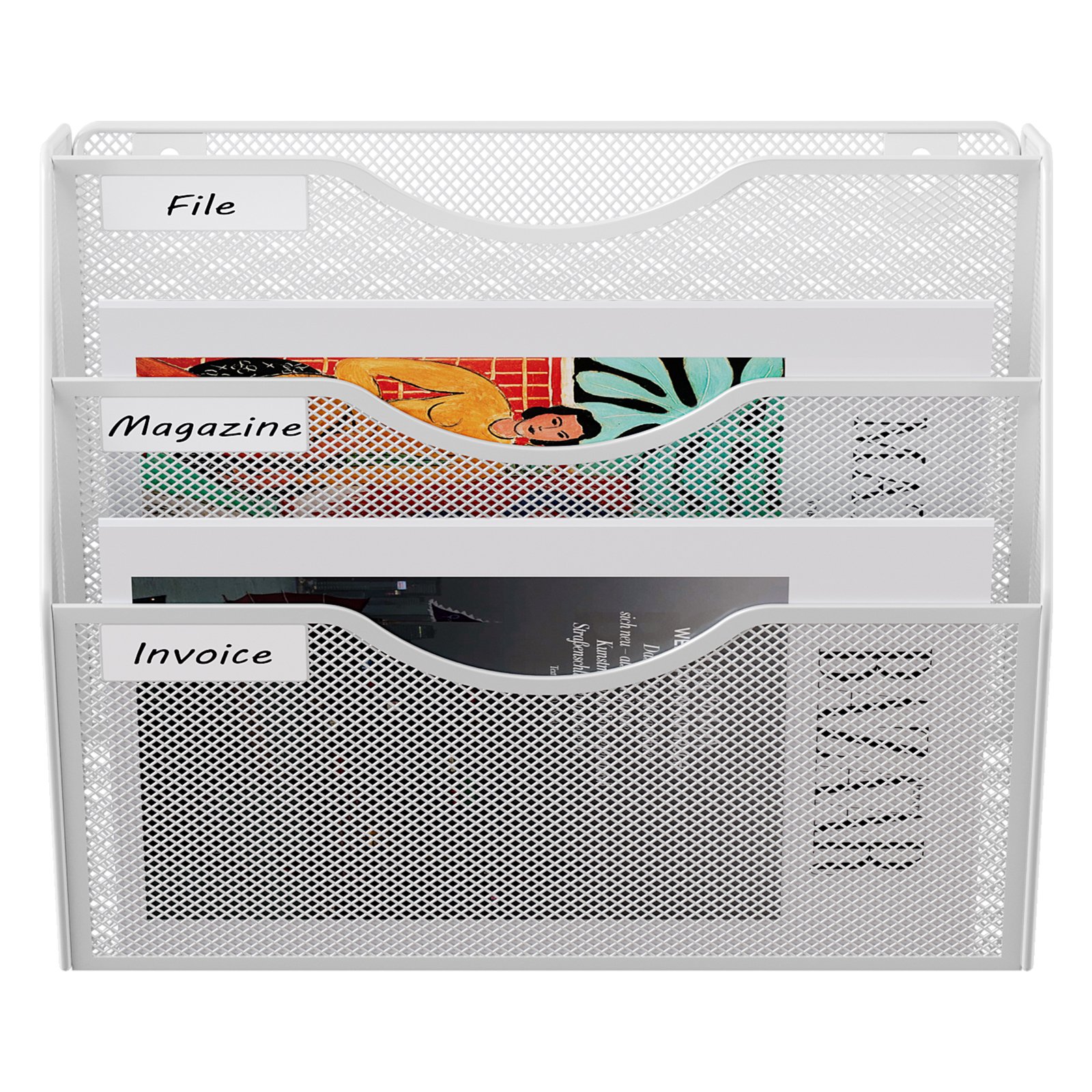EasyPAG Metal 3 Tier A4 Wall Mounted Document Holder,Hanging Wall File Organiser,Pigeon Holes Storage,Wall Pocket,Filing Tray,Magazine Rack for Office & Home,White - 图片 3